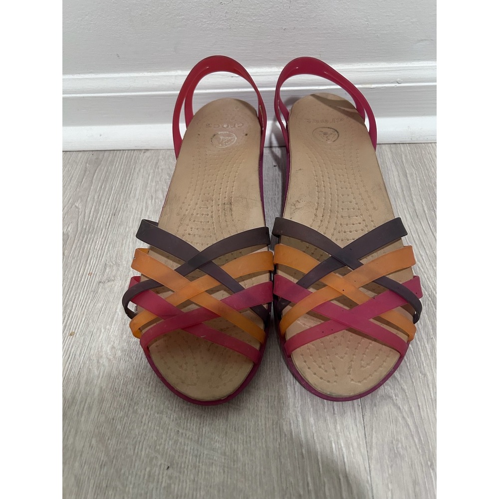 Crocs‎ Huarache Strappy Wedge Sandals Pink Orange Rainbow Womens Size 10
